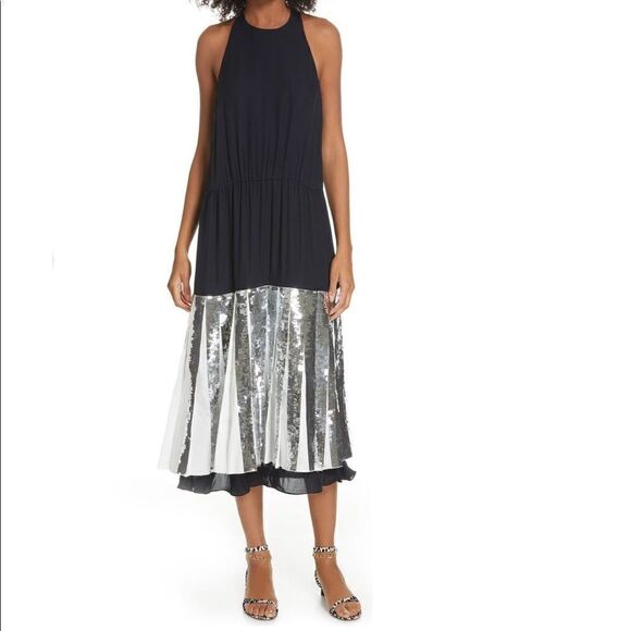 🔥💃Tibi Claude sequins layered halter silk Eve dress size 2 In black, NWT - Picture 1 of 10